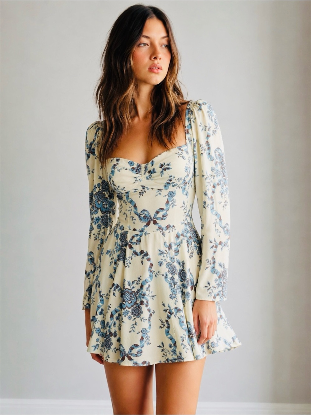 Aritzia Sunday Best Coco Dress in Sz 0 Giselle/Milky Blue Brown Cream Boho Mini
